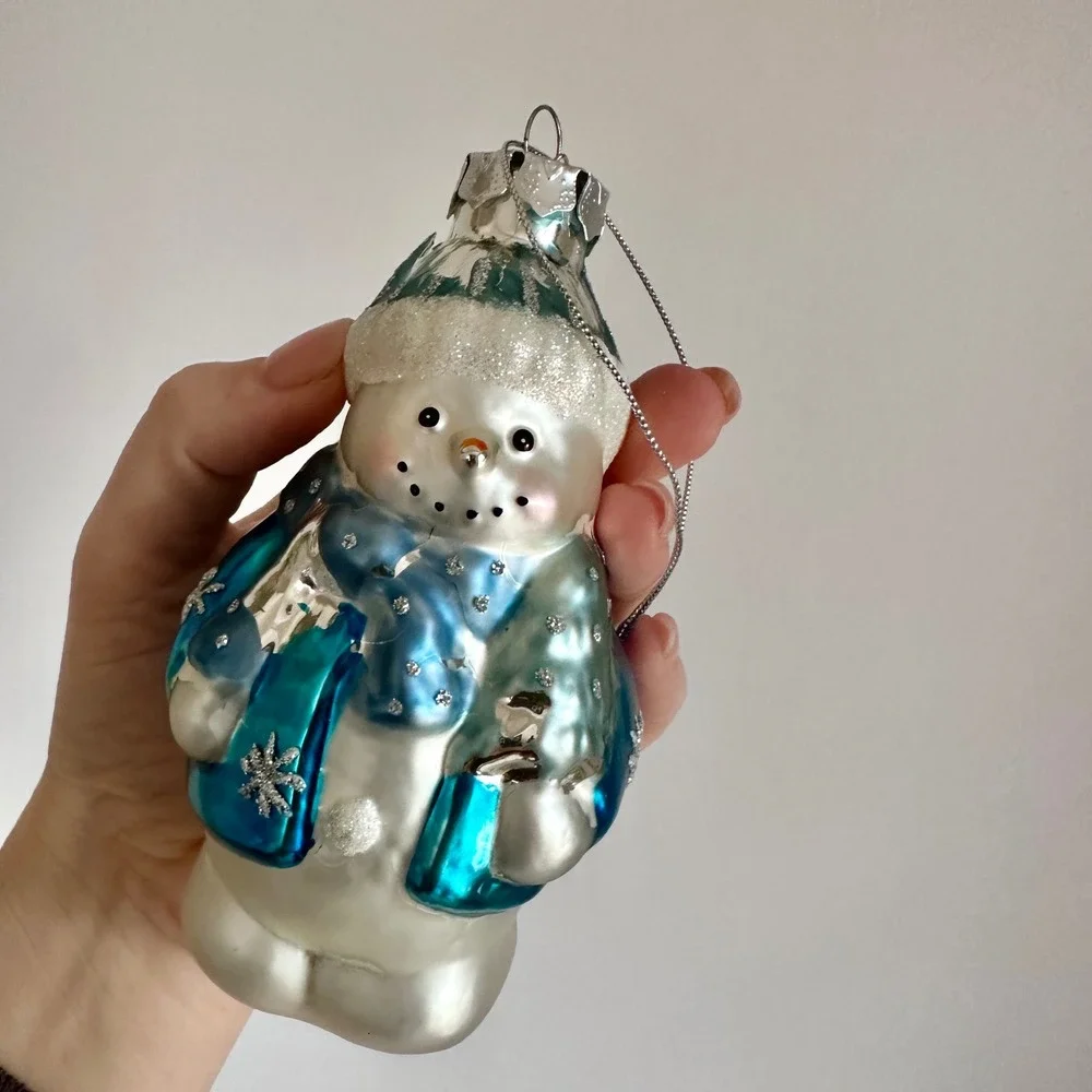 Blue and Silver Glass‎ Snowman Christmas Ornament Glitter Snowflake Winter Decor